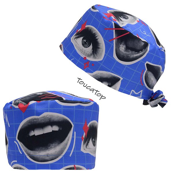 Gorro Cirúrgico, Colagem, Bocas, Olhos, Xadres, Azul