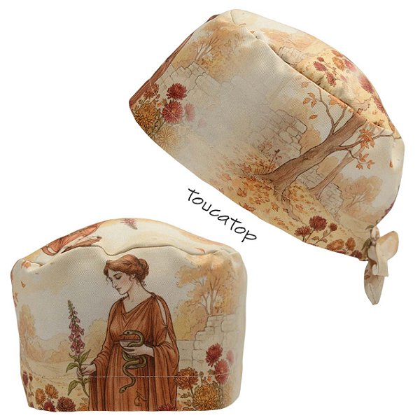 Gorro Cirúrgico, Deusa Grega da Saúde, Hígia, Cobra e Flores, Bege