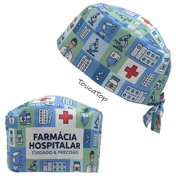 Gorro Cirúrgico, Símbolos Farmácia Hospitalar Ciência do Cuidado, Azul
