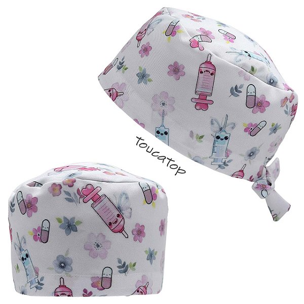 Gorro Cirúrgico, Seringas e Comprimidos Felizes, Flores, Branco