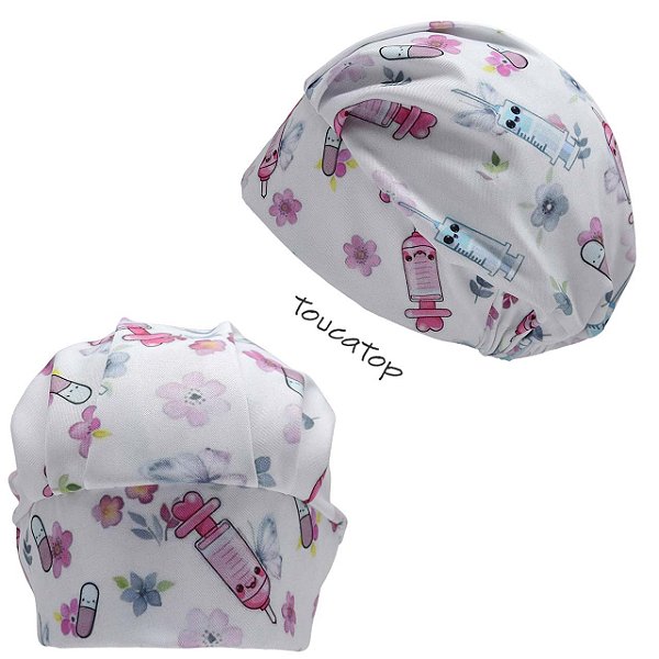 Touca Cirúrgica Feminina, Seringas e comprimidos Felizes, Branco