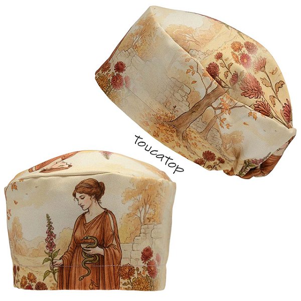 Touca Feminina ALICE, Deusa Grega da Saúde, Hígia, Cobra, Flores, Bege
