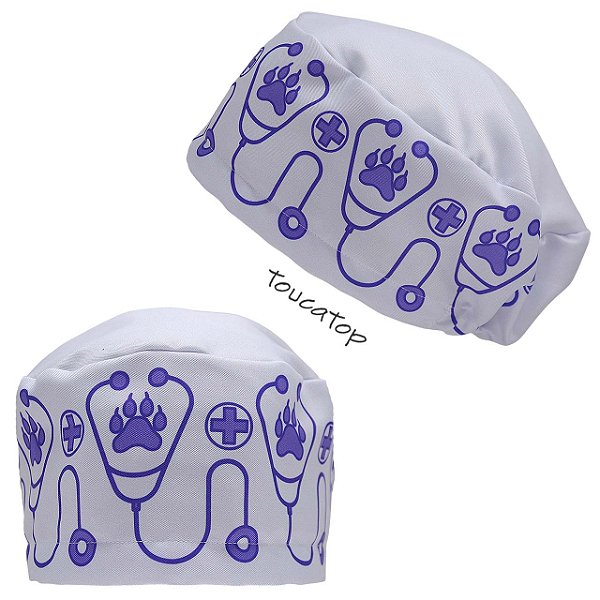 Touca Feminina ALICE, Estetoscópio, Patinhas Cachorro Lilás, Branco