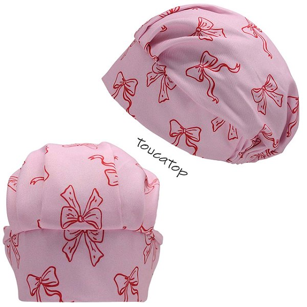Touca Cirúrgica Feminina, Laços contorno Vermelho, Rosa