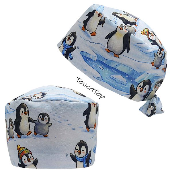 Gorro Cirúrgico, Pinguins Brincando no Gelo, Branco