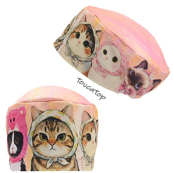 Touca Feminina ALICE, Gatinhos com Lenços, mesclado Rosa e Amarelo