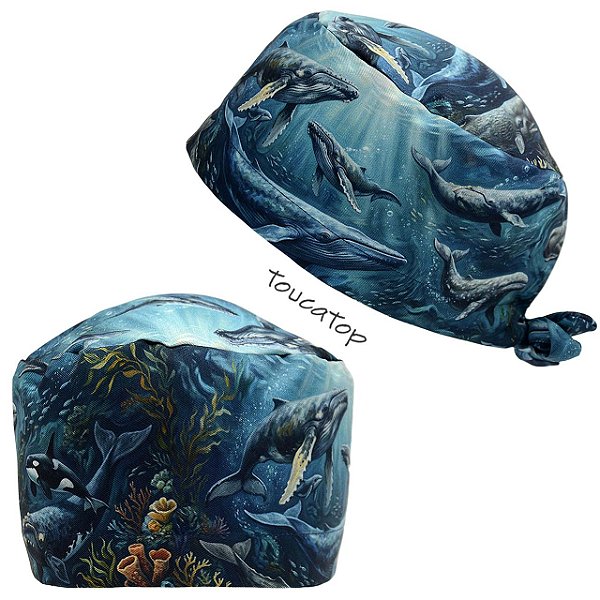 Gorro Cirúrgico, Fundo do Mar, Baleias e Corais, Azul
