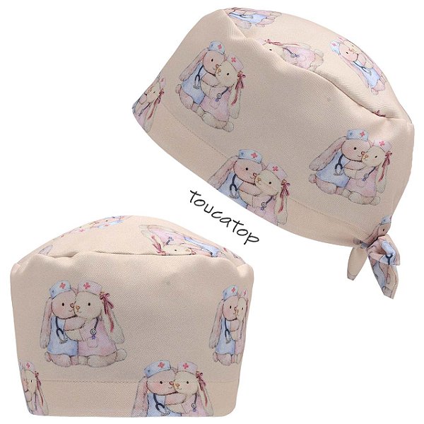 Gorro Cirúrgico, Coelhos Enfermeiros Abraçados, Rosa e Azul, Bege