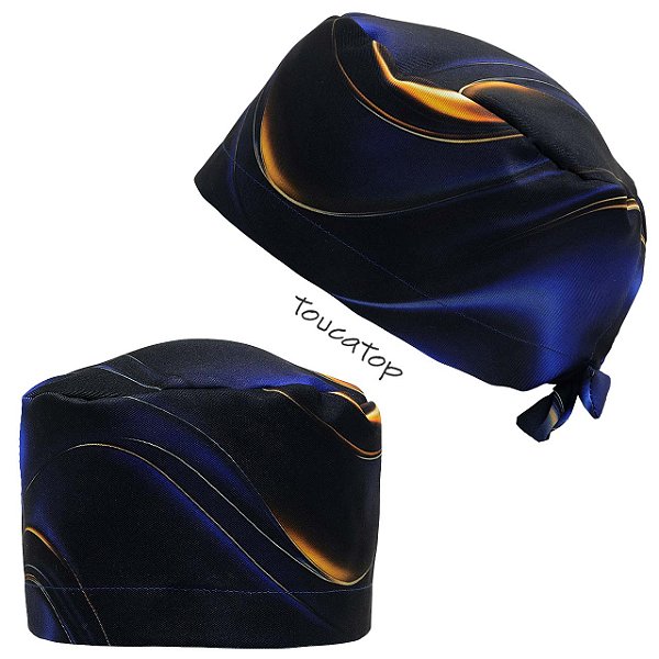 Gorro Cirúrgico, Estampa Abstrata, Tons Azul e Dourado, Preto