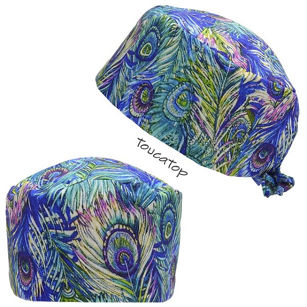 Gorro Cirúrgico, Greys Anatomy, Penas Pavão coloridas, Roxo, Azul