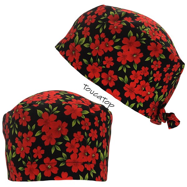 Gorro Cirúrgico, Ramos de Flores Vermelhas, Preto