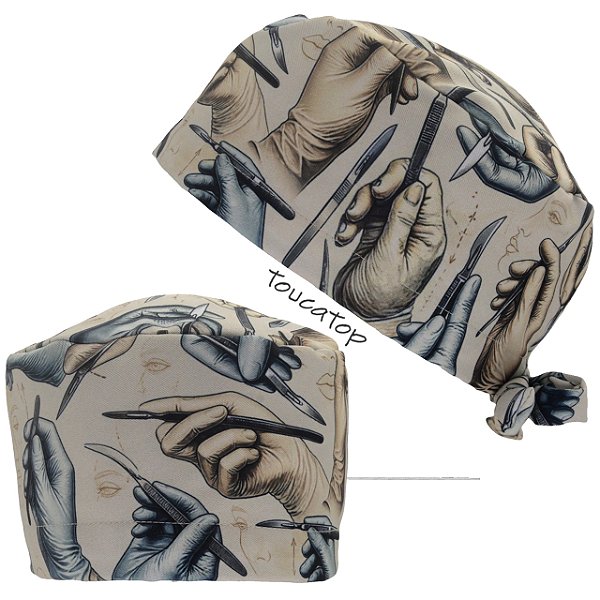 Gorro Cirúrgico, Plástica, Mãos Segurando Bisturis e Pinças, Areia