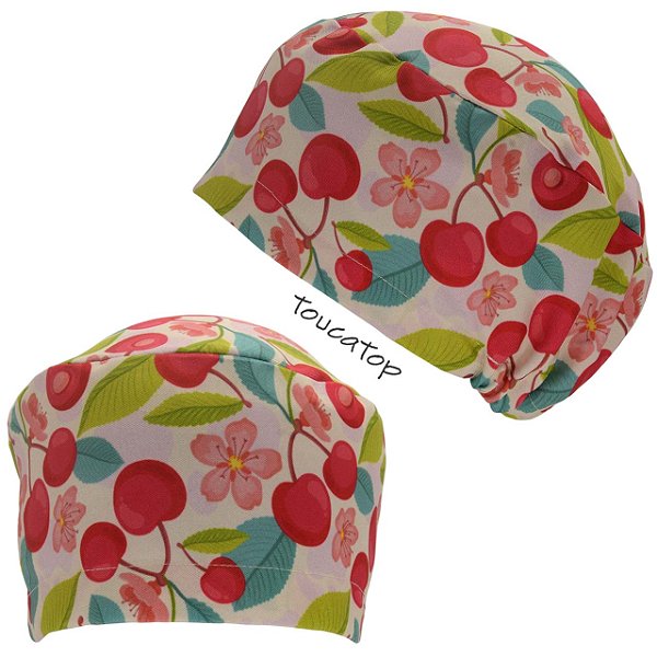 Touca Feminina ALICE, Cereja, Folhas Azuis e Verdes, Flores, Creme