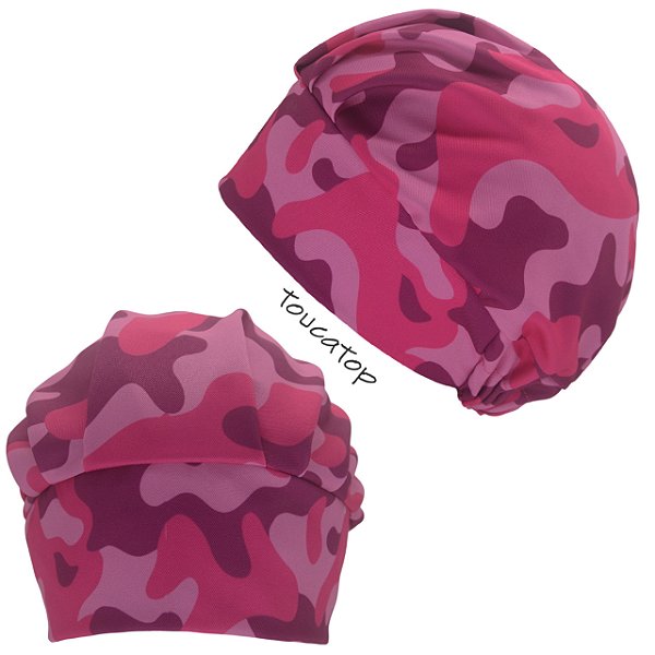 Touca Cirúrgica Feminina, Camuflada 3 Tons, Rosa e Roxo, Fundo Rosa