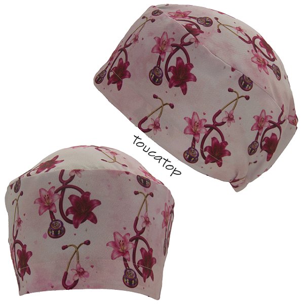 Touca Feminina ALICE, Estetoscópio, Floral, Lírios, Rosa