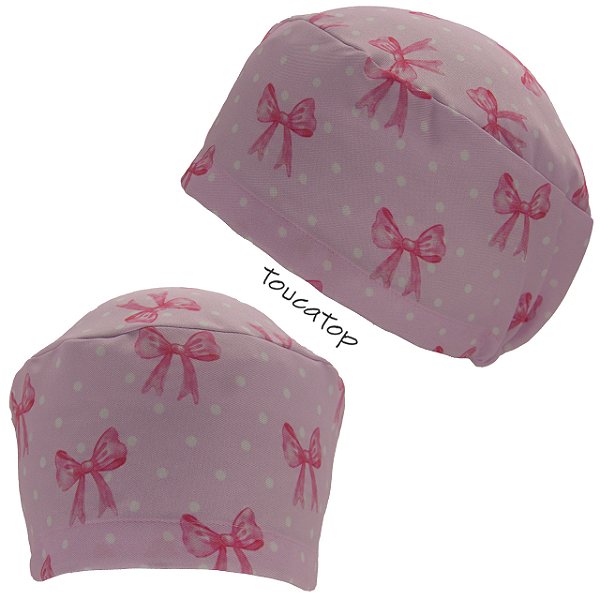 Touca Feminina ALICE, Laços Rosa, Poás Brancos, Rosa