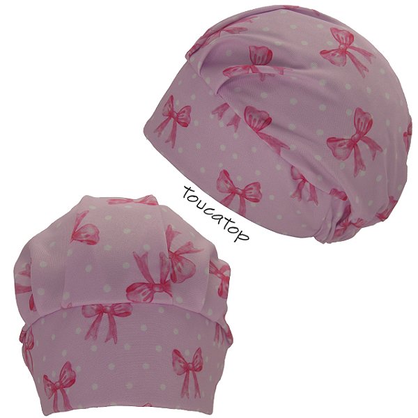 Touca Cirúrgica Feminina, Laços Rosa, Poás Brancos, Rosa
