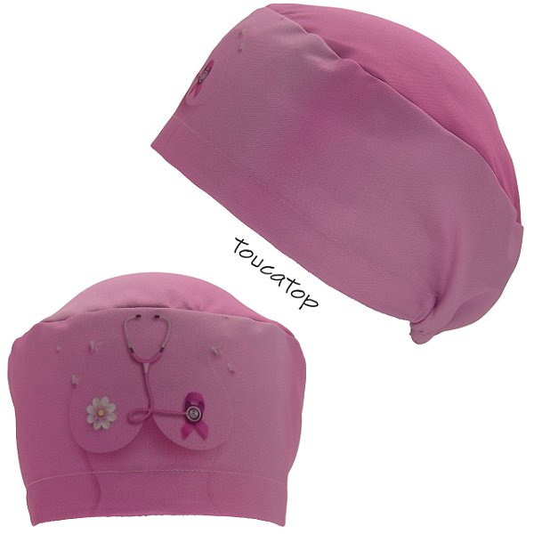 Touca Feminina ALICE, Outubro Rosa, Estetoscópio, Mamas, Laço, Floral