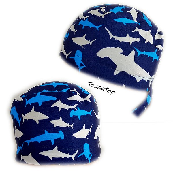Gorro Cirúrgico, Tubarões Diferentes Azuis e Brancos, Azul Marinho