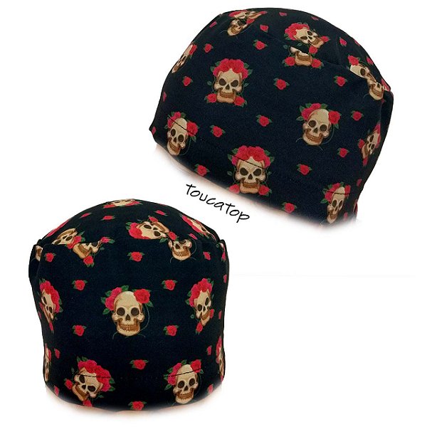 Gorro Cirúrgico, Caveiras com Rosas, Preto