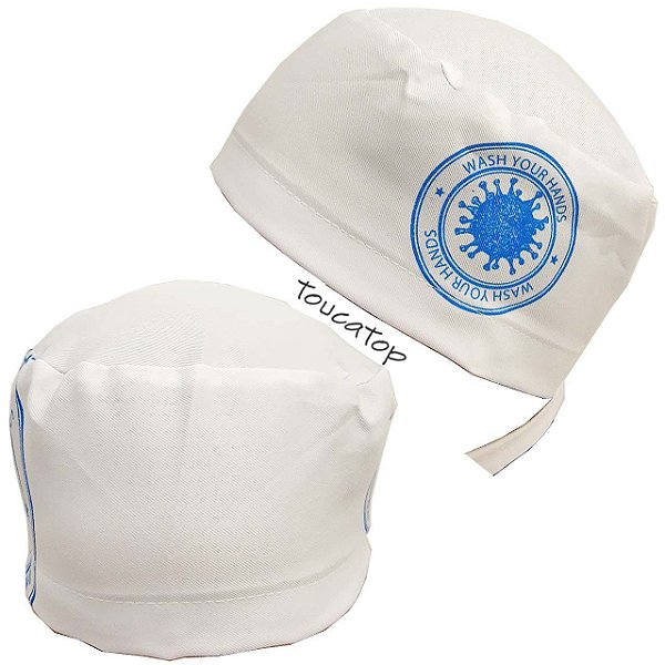 Gorro Cirúrgico, Lave Suas Mãos, Vírus Azul Lateral, Branco