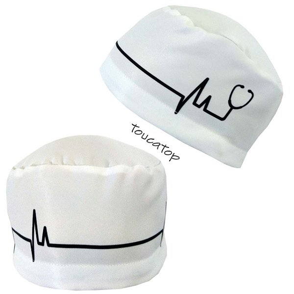 Gorro Cirúrgico, ECG Estetoscópio na Ponta, Preto, Branco