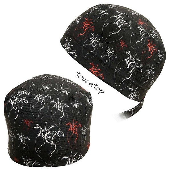 Gorro Cirúrgico, Corações Contorno Branco e Vermelho, Preto