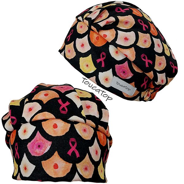 Touca Cirúrgica Feminina, Mamas Coloridas, Laços, Preto