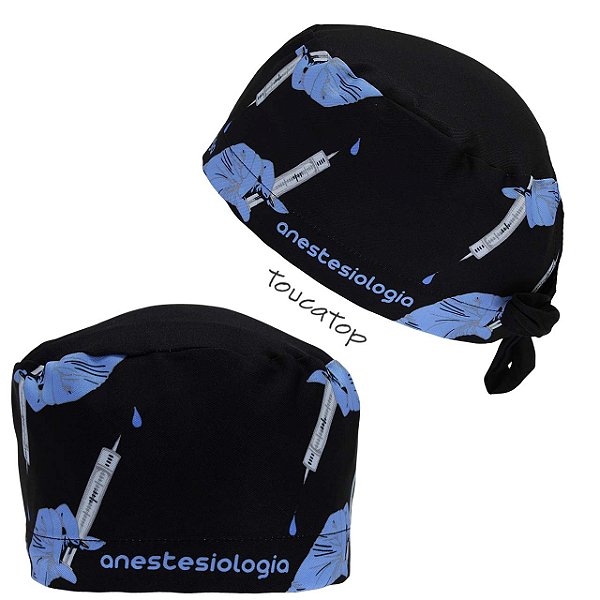 Gorro Cirúrgico, Anestesiologia, Seringa na Mão com Luva Azul, Preto