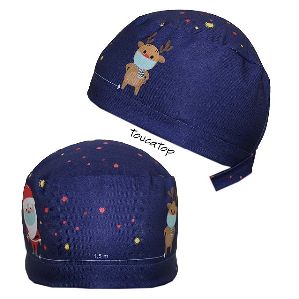 Gorro Cirúrgico, Natal, Rena e Papai Noel, Distanciamento Social, Azul