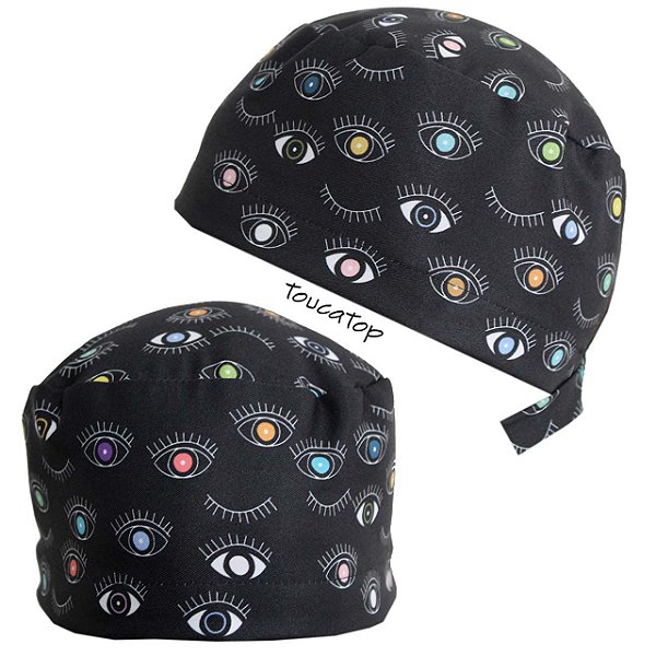 Gorro Cirúrgico, Desenho Olhos Coloridos, Cílios, Preto