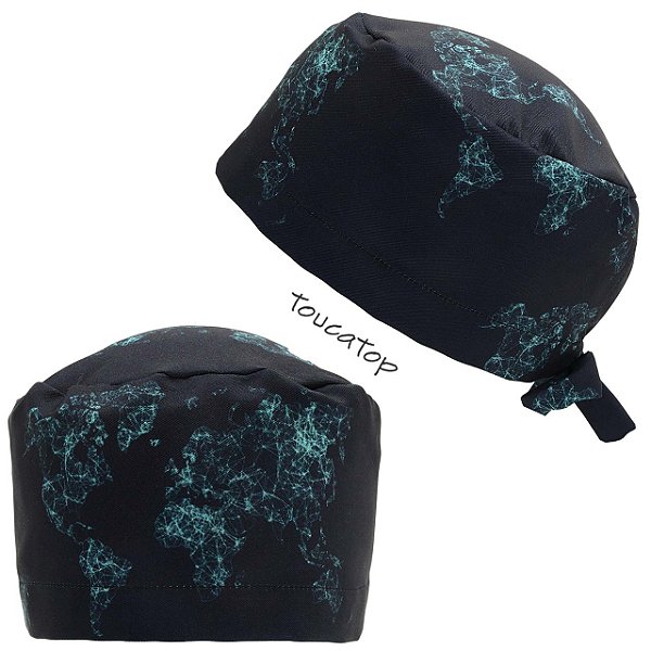 Gorro Cirúrgico, Mapa Mundi, Linhas Azuis, Azul