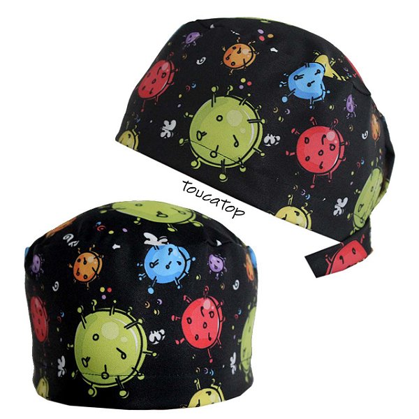 Gorro Cirúrgico, Desenhos Coloridos, Coronavirus, Preto