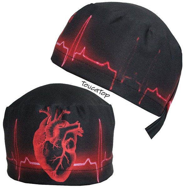 Gorro Cirúrgico, Coração, ECG Vermelho Neon, Batimentos, Preto