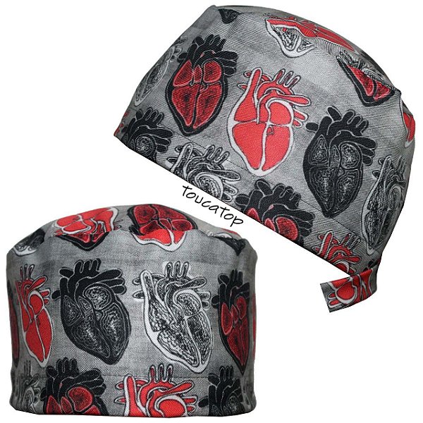Gorro Cirúrgico, Corações Desenhados,  Cinza