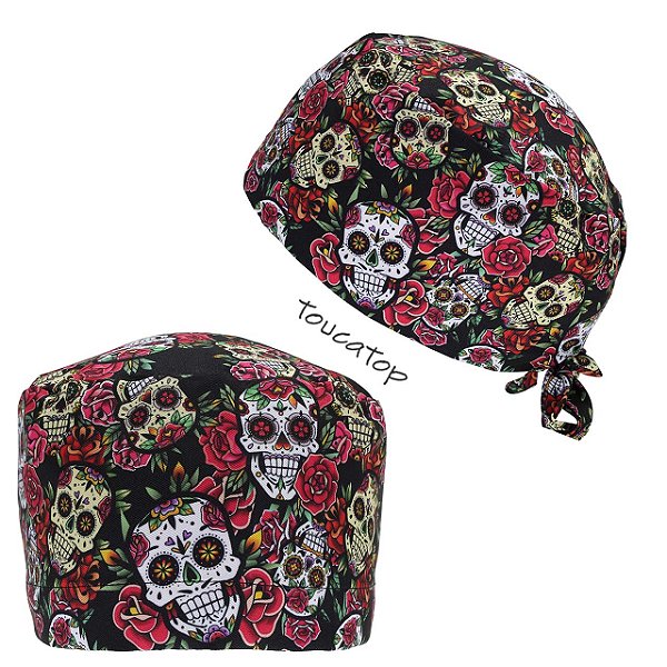 Gorro Cirúrgico Caveiras Coloridas Mexicanas Brancas e Amarelas, Preto