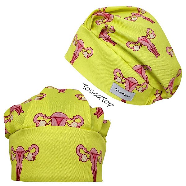 Touca Cirúrgica Feminina Plissê, Úteros Rosa, Amarelo
