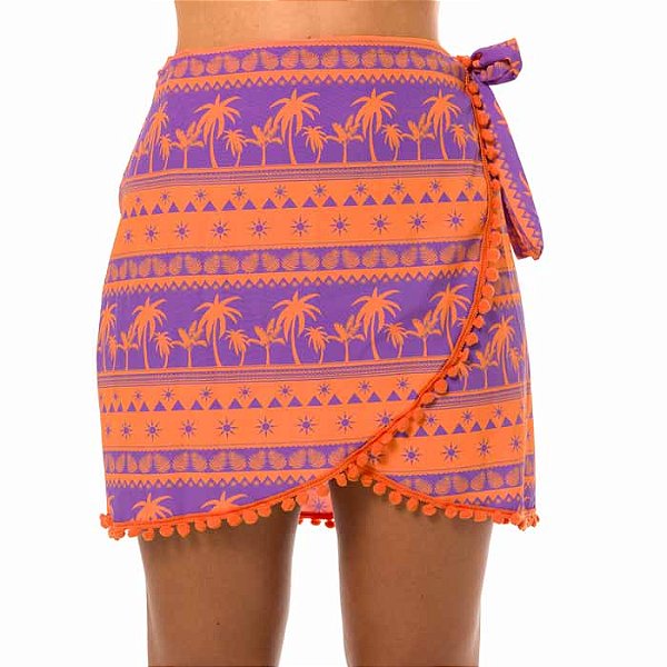 Saída de Praia Saia Pareô Coqueiro Laranja e Roxo
