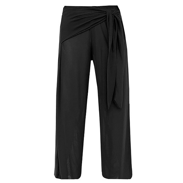 Saída de Praia Calça Pantalona Tule com Transparência Preto Liso