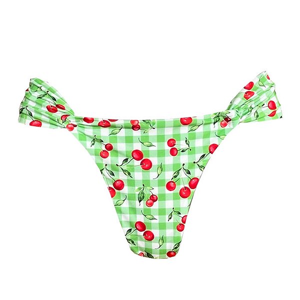 Calcinha Inteira de Biquíni Empina Bumbum Cereja Xadrez Verde