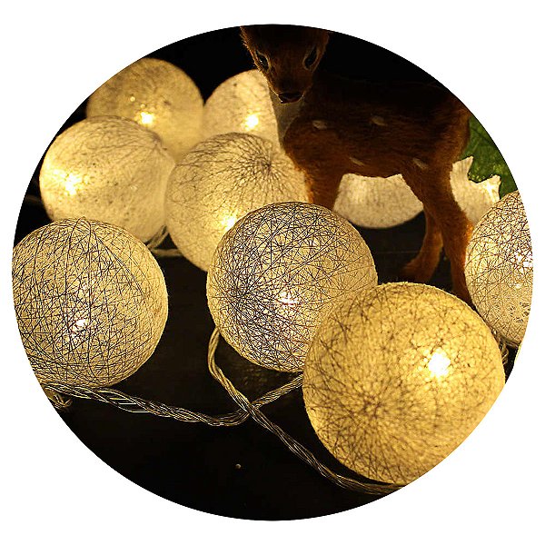 Cordão Fio De Luz Luminária 12 Bolas Barbante Branco Quente
