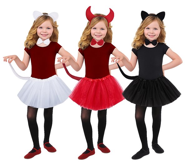 Fantasia Infantil Diabinha ou Gatinha Tiara Gravata Rabo E Saia