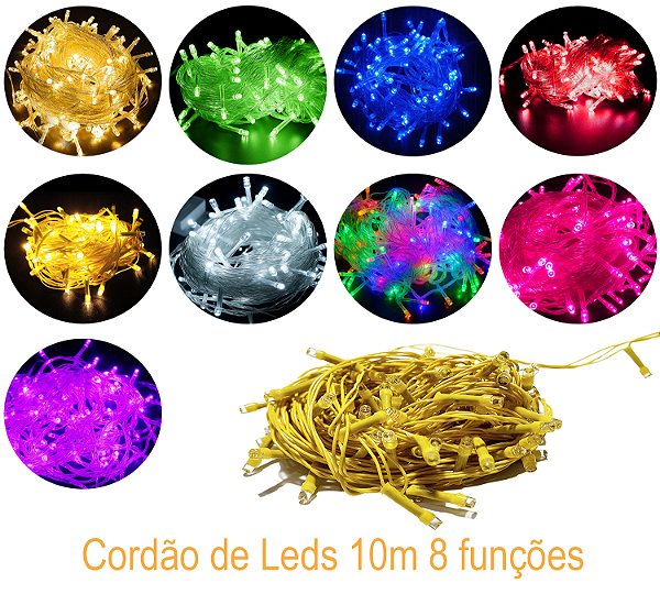 Cordão Pisca pisca de Leds 10m 100 Leds 8 Funções