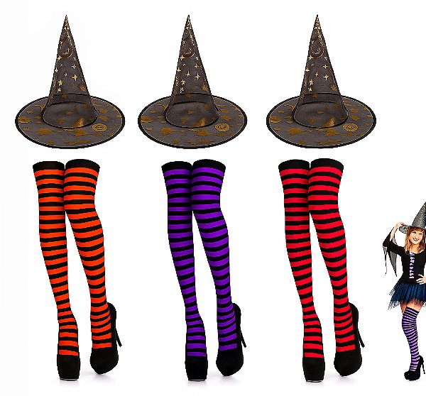 Kit Chapéu e Meia 7/8 Feminina Festa Halloween Dia Das Bruxas