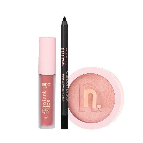 KIT GLOW DA FOGUEIRA – COMBO BÁSICO GLOW – BATOM, LÁPIS, ILUMINADOR - NINA MAKEUP