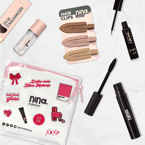 Kit Olhar Marcante - Máscara de Cílios Pantenol + Delineador + Lip Maximizer + Hair Clips + Necessaire