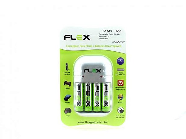 CARREGADOR PARA PILHAS E BATERIAS RECARREGAVEIS AA/AAA/9V FLEX FX-C03 AA (COM 4 AA)