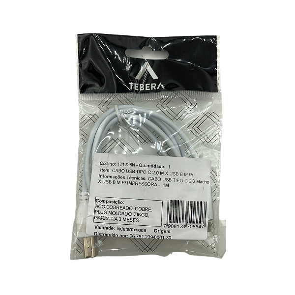 CABO USB TIPO-C 2.0 M X USB B M P/ IMPRESSORA - 1M - TEBERA