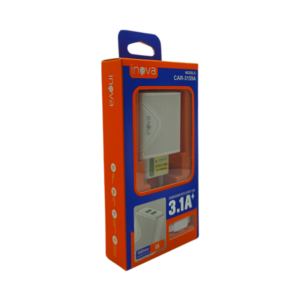 CARREGADOR RAPIDO 3.1A 2 USB COM CABO LIGHTNING IPH 1M INOVA CAR-3159A