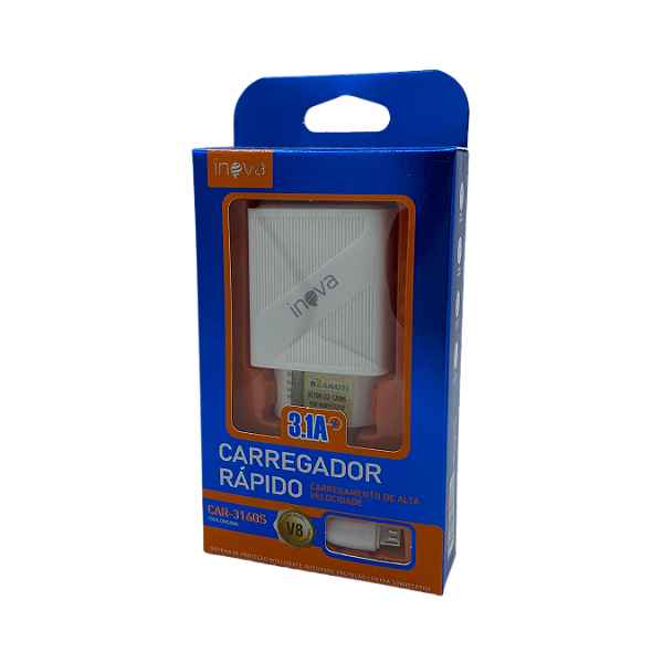 CARREGADOR RAPIDO 3.1A  C/ 2 USB CABO V8 MICRO USB INOVA CAR-3160S@